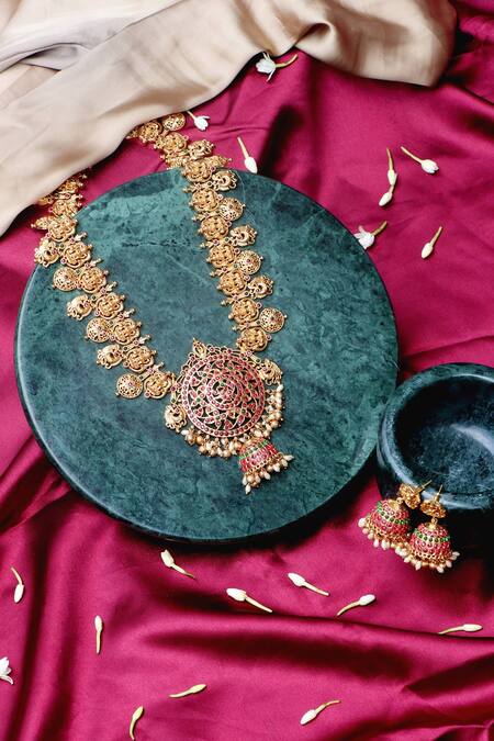 Ishhaara Gold Plated Stones, Beads Temple Jewellery Set Online at Aza Fashions Ishhaara_Gold Plated Stones, Beads Temple Jewellery Set _Online_at_Aza_Fashions