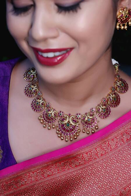 Ishhaara_Gold Plated Stones, Beads And Designer Jewellery Set _at_Aza_Fashions