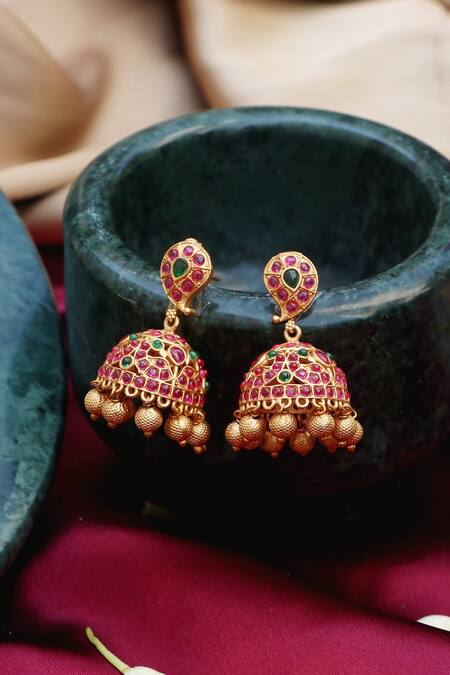 Buy Ishhaara Gold Plated Stones, Beads Temple Jewellery Set With Jhumkis Online at Aza Fashions Buy_Ishhaara_Gold Plated Stones, Beads Temple Jewellery Set With Jhumkis _Online_at_Aza_Fashions