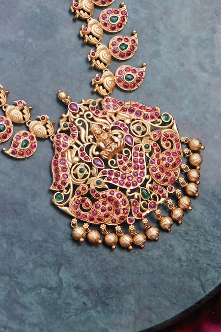 Shop Ishhaara Gold Plated Stones, Beads Temple Jewellery Set With Jhumkis Online at Aza Fashions Shop_Ishhaara_Gold Plated Stones, Beads Temple Jewellery Set With Jhumkis _Online_at_Aza_Fashions