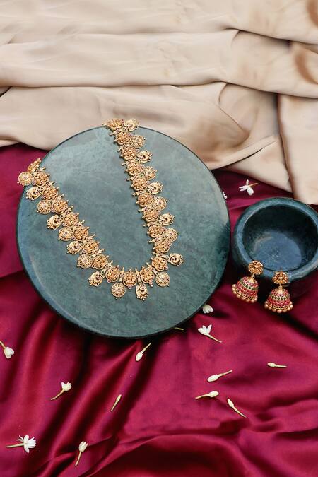 Ishhaara_Gold Plated Stones, Beads Temple Jewellery Set With Jhumkis _Online_at_Aza_Fashions