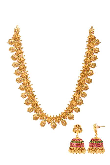 Buy_Ishhaara_Gold Plated Stones, Beads Temple Jewellery Set With Jhumkis _Online_at_Aza_Fashions