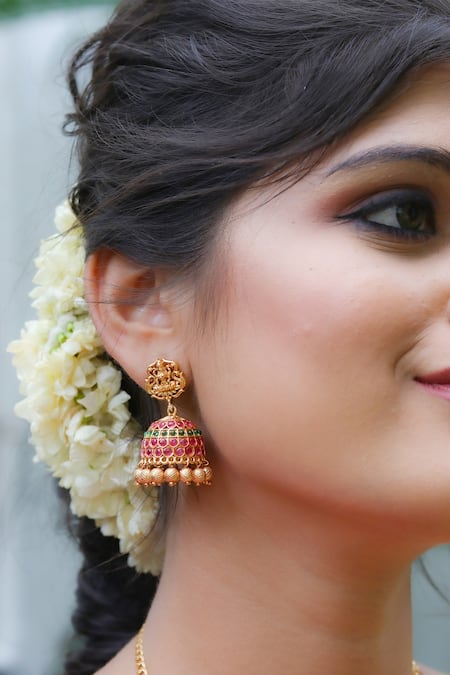 Shop_Ishhaara_Gold Plated Stones, Beads Temple Jewellery Set With Jhumkis _Online_at_Aza_Fashions