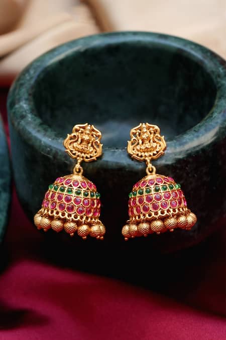 Ishhaara_Gold Plated Stones, Beads Temple Jewellery Set With Jhumkis _at_Aza_Fashions