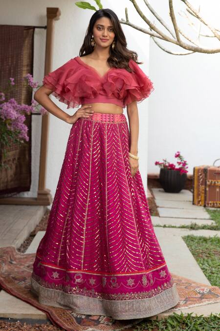 Jade By Monica & Karishma_Pink Organza Sequins, Thread Work V Neck Ruffle Choli And Embroidered Lehenga Set _Online_at_Aza_Fashions