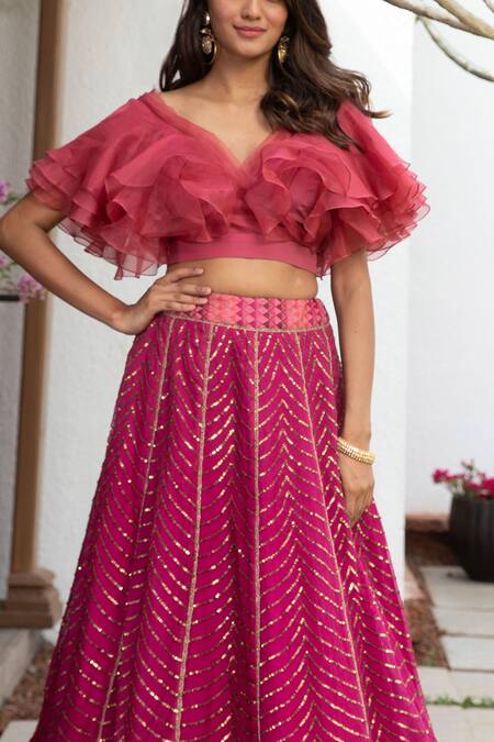 Buy_Jade By Monica & Karishma_Pink Organza Sequins, Thread Work V Neck Ruffle Choli And Embroidered Lehenga Set _Online_at_Aza_Fashions