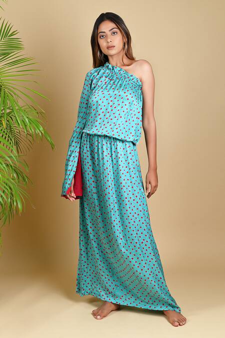 Dyelogue Green Gajji Silk Bandhani One Shoulder Dress 