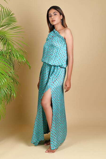 Dyelogue Green Gajji Silk Bandhani One Shoulder Dress Online at Aza Fashions Dyelogue_Green Gajji Silk Bandhani One Shoulder Dress _Online_at_Aza_Fashions