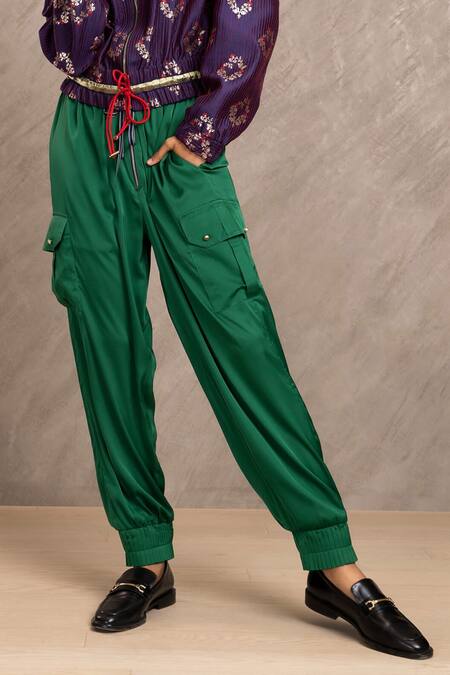 Chillosophy_Green Satin Joggers  _Online_at_Aza_Fashions