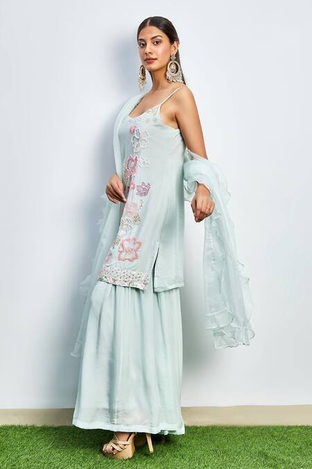 Buy_Itara_Green Silk, Organzaliningbuttercrepe Bead Work, Embroidered Kurta Sharara Set_Online_at_Aza_Fashions