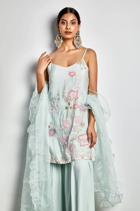 Shop_Itara_Green Silk, Organzaliningbuttercrepe Bead Work, Embroidered Kurta Sharara Set_Online_at_Aza_Fashions