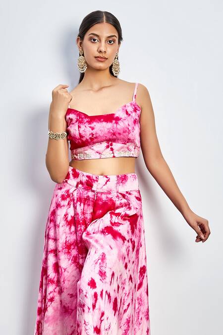 Itara_Magenta Silk, Organza Bead Work, Sequins Sweetheart Neck Tie Dye Jacket Pant Set_Online_at_Aza_Fashions