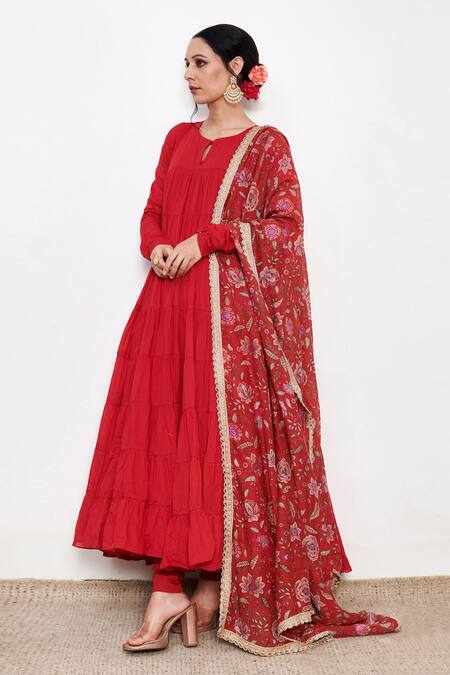 Itraake_Red Mul Printed Floral Keyhole Raag Anarkali Set With Chanderi Dupatta _Online_at_Aza_Fashions
