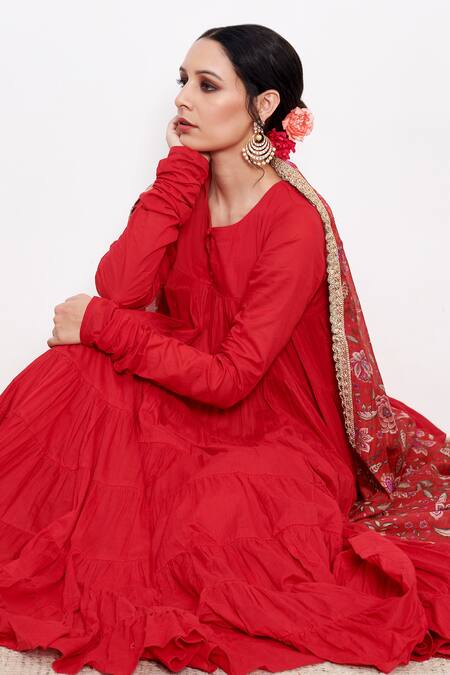 Itraake_Red Mul Printed Floral Keyhole Raag Anarkali Set With Chanderi Dupatta _at_Aza_Fashions