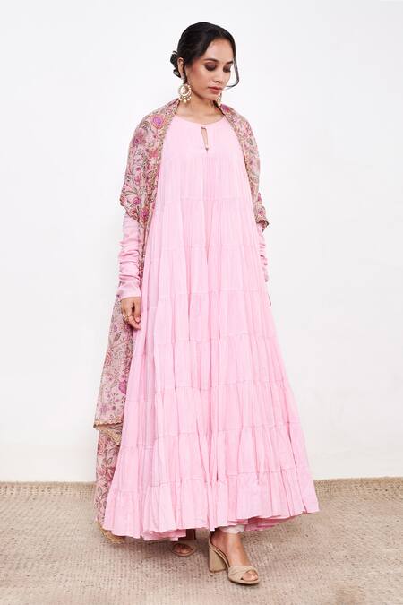 Itraake_Pink Mul Printed Floral Raag Anarkali Set With Chanderi Dupatta _Online_at_Aza_Fashions
