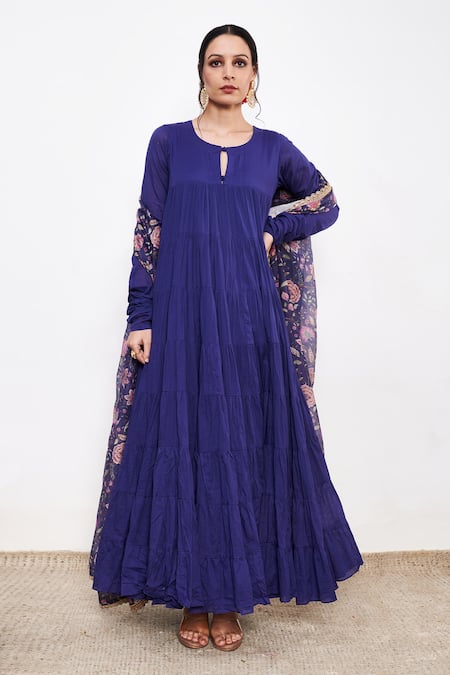 Itraake Blue Mul Printed Floral Round Anarkali Set With Dupatta Online at Aza Fashions Itraake_Blue Mul Printed Floral Round Anarkali Set With Dupatta _Online_at_Aza_Fashions