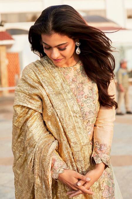 Shop_Itrh_Beige Chanderi Round Kurta Sharara Set_Online_at_Aza_Fashions