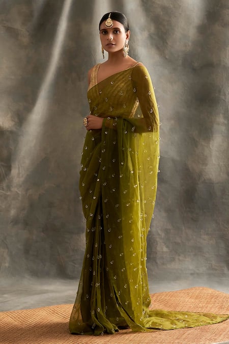 Itrh_Green Saree Silk Organza Blouse Lampi Lining Cotton V Neck With _Online_at_Aza_Fashions