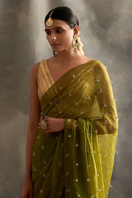 Buy_Itrh_Green Saree Silk Organza Blouse Lampi Lining Cotton V Neck With _Online_at_Aza_Fashions