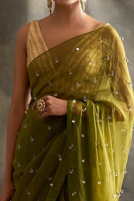 Shop_Itrh_Green Saree Silk Organza Blouse Lampi Lining Cotton V Neck With _Online_at_Aza_Fashions