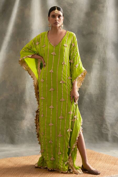 Itrh Green Crepe V Neck Embroidered Striped Kaftan