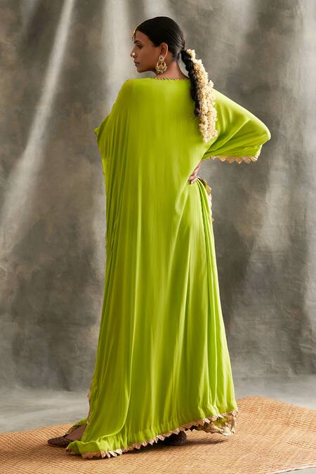 Shop Itrh Green Crepe V Neck Embroidered Striped Kaftan at Aza Fashions Shop_Itrh_Green Crepe V Neck Embroidered Striped Kaftan _at_Aza_Fashions