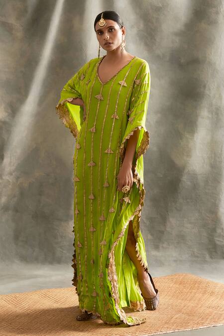 Itrh Green Crepe V Neck Embroidered Striped Kaftan Online at Aza Fashions Itrh_Green Crepe V Neck Embroidered Striped Kaftan _Online_at_Aza_Fashions