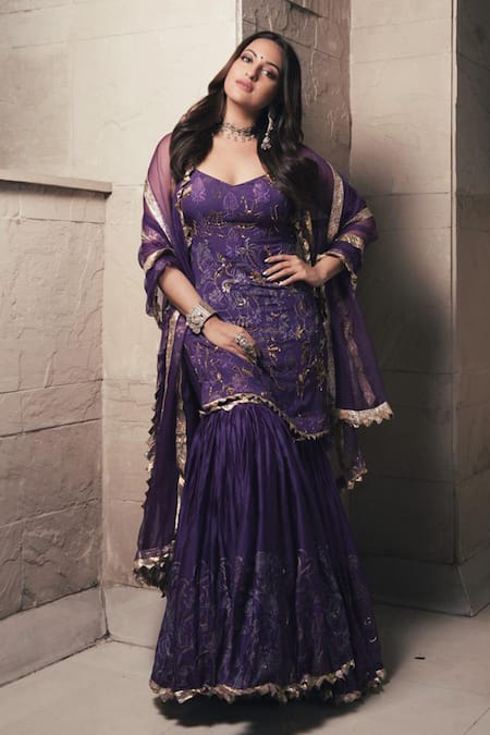 Itrh Purple Chanderi Kurta Sharara Set