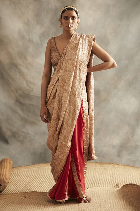 Buy_Itrh_Gold Pure Crepe Zari Saree With Blouse_Online_at_Aza_Fashions
