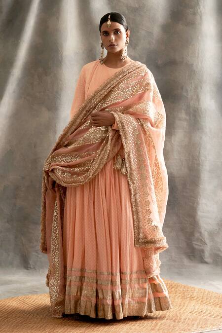 Itrh_Peach Angarkha Jacquard Cotton Dupatta Silk Organza Churidar Angrakha Set_Online_at_Aza_Fashions