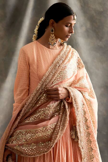Itrh_Peach Angarkha Jacquard Cotton Dupatta Silk Organza Churidar Angrakha Set_at_Aza_Fashions
