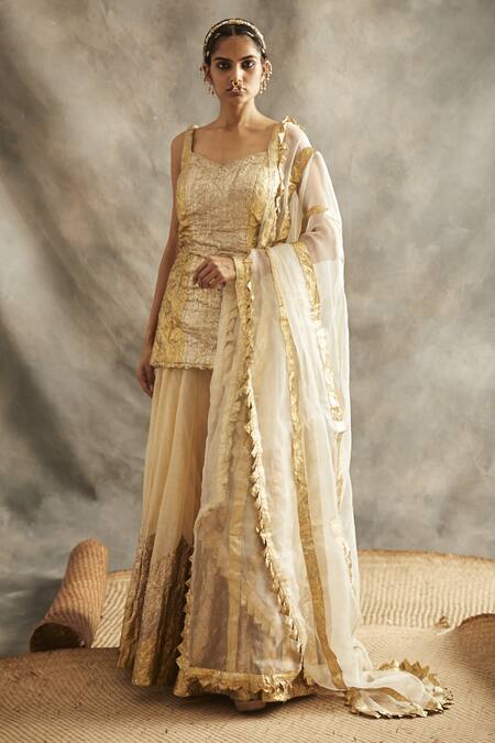 Itrh Gold Cotton, Organza, Shantoon, Silk Chanderi Zari Kurta And Palazzo Set Online at Aza Fashions Itrh_Gold Cotton, Organza, Shantoon, Silk Chanderi Zari Kurta And Palazzo Set_Online_at_Aza_Fashions
