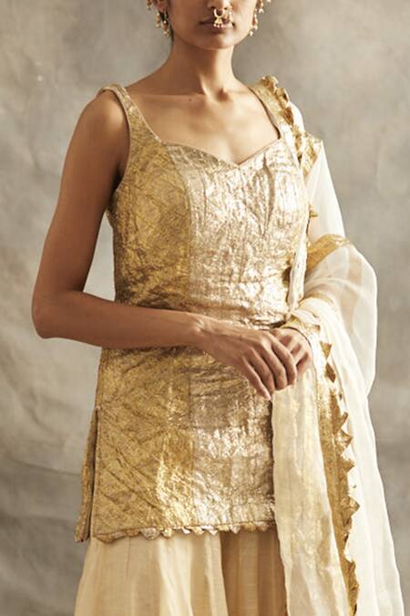 Shop Itrh Gold Cotton, Organza, Shantoon, Silk Chanderi Zari Kurta And Palazzo Set Online at Aza Fashions Shop_Itrh_Gold Cotton, Organza, Shantoon, Silk Chanderi Zari Kurta And Palazzo Set_Online_at_Aza_Fashions