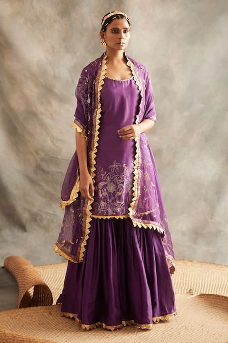 Itrh Purple Silk Chanderi Kurta And Sharara Set