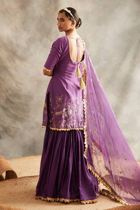 Shop Itrh Purple Silk Chanderi Kurta And Sharara Set at Aza Fashions Shop_Itrh_Purple Silk Chanderi Kurta And Sharara Set_at_Aza_Fashions