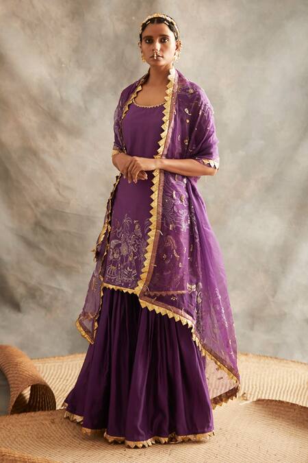 Itrh Purple Silk Chanderi Kurta And Sharara Set Online at Aza Fashions Itrh_Purple Silk Chanderi Kurta And Sharara Set_Online_at_Aza_Fashions
