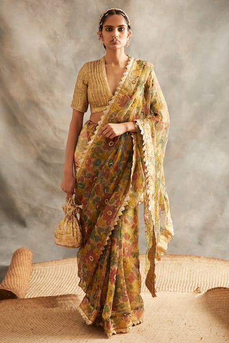 Itrh_Gold Organza Kalamkari Saree With Blouse_Online_at_Aza_Fashions