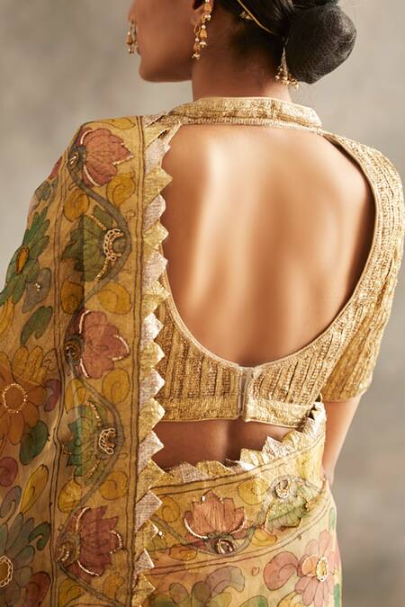 Buy_Itrh_Gold Organza Kalamkari Saree With Blouse_Online_at_Aza_Fashions