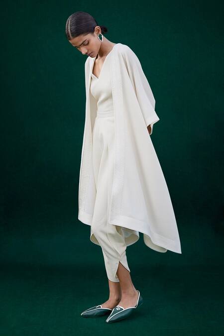 Buy_Ampm_Ivory Wool 140gm Cord Work Cape Open, Inner V Neck Adara And Dhoti Pant Set_Online_at_Aza_Fashions
