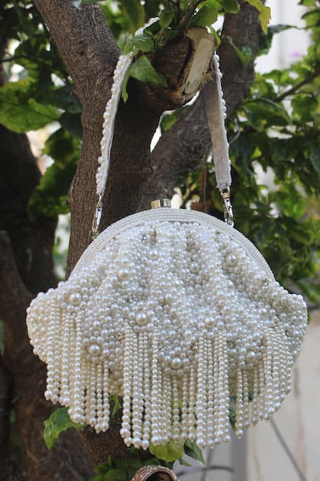 Buy_Nayaab By Sonia_White Pearls, Stones Embroidered Clutch _Online_at_Aza_Fashions