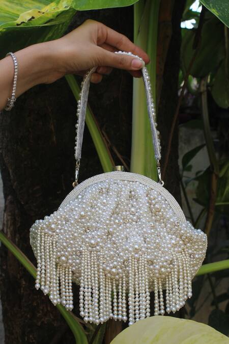 Shop_Nayaab By Sonia_White Pearls, Stones Embroidered Clutch _Online_at_Aza_Fashions