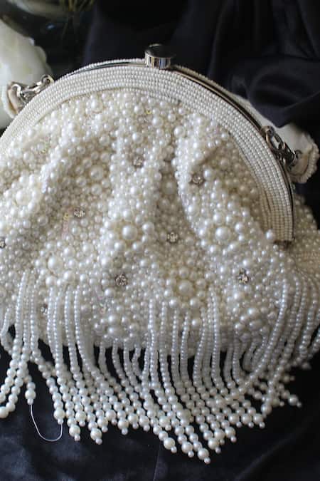 Nayaab By Sonia White Pearls, Stones Embroidered Clutch at Aza Fashions Nayaab By Sonia_White Pearls, Stones Embroidered Clutch _at_Aza_Fashions