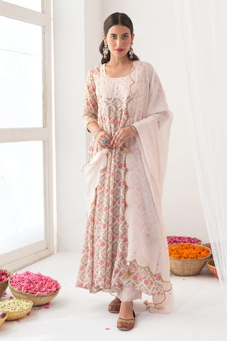 Negra Elegante Off White Organza, Cotton Silk Digital Print, Mirrors Round Peony Anarkali Set 