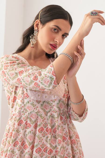 Shop Negra Elegante Off White Organza, Cotton Silk Digital Print, Mirrors Round Peony Anarkali Set Online at Aza Fashions Shop_Negra Elegante_Off White Organza, Cotton Silk Digital Print, Mirrors Round Peony Anarkali Set _Online_at_Aza_Fashions