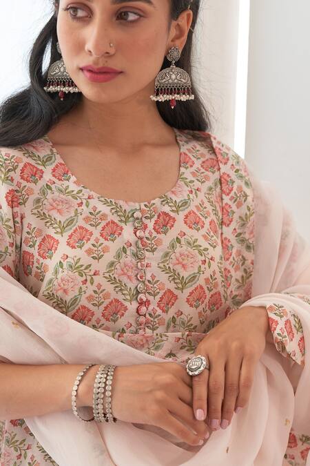 Shop_Negra Elegante_White Organza, Cotton Silk Digital Print, Mirror Work Peony Kurta Sharara Set_Online_at_Aza_Fashions