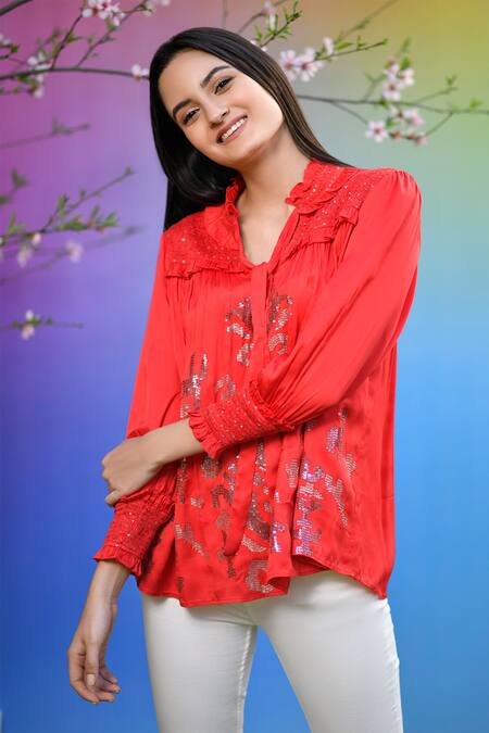 RANNA GILL_Red Silk Blend Embellished Cotton Top_Online_at_Aza_Fashions