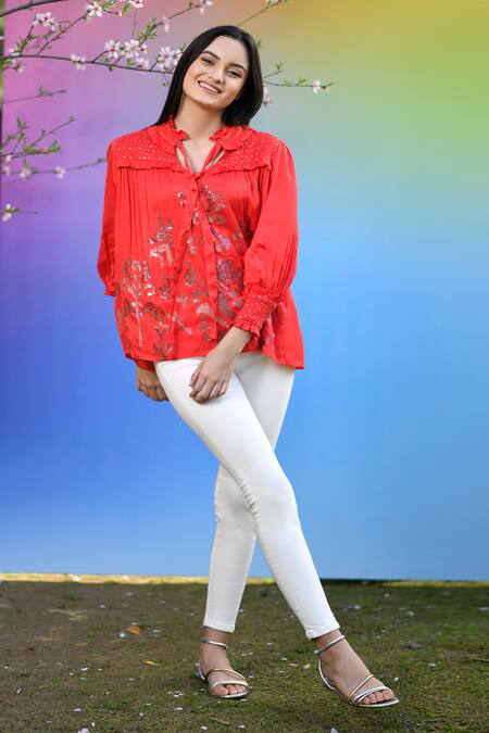 Buy_RANNA GILL_Red Silk Blend Embellished Cotton Top_Online_at_Aza_Fashions