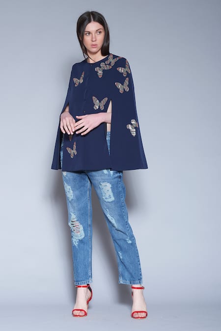 Shahin Mannan_Blue Double Crepe Round Embroidered Cape Jacket_Online_at_Aza_Fashions