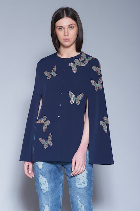 Buy_Shahin Mannan_Blue Double Crepe Round Embroidered Cape Jacket_Online_at_Aza_Fashions