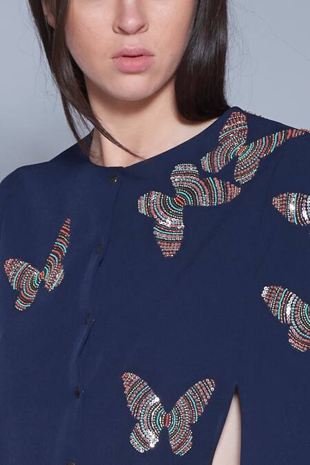 Shop_Shahin Mannan_Blue Double Crepe Round Embroidered Cape Jacket_Online_at_Aza_Fashions